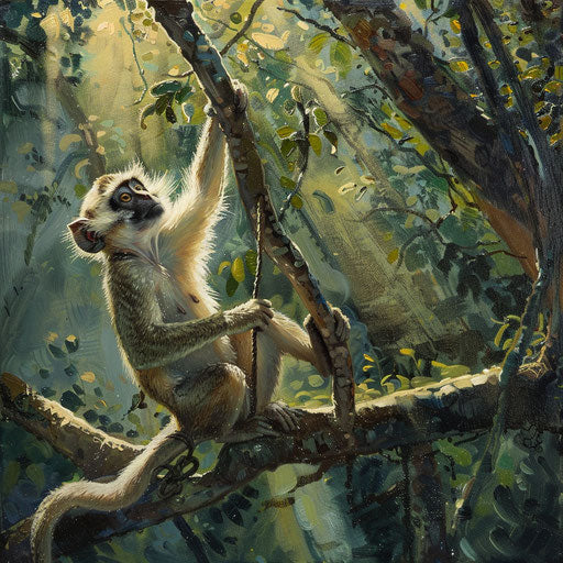 Vervet monkey swinging in dense forest