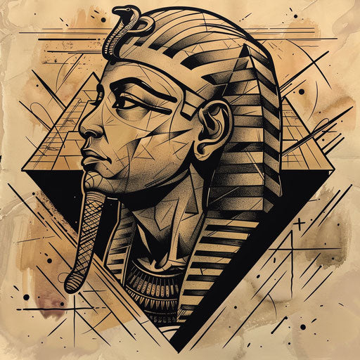 Flat tattoo sketch of a pharaoh with Egyptian pyramids in silhouette