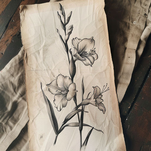 Vintage botanical illustration of a gladiolus, transformed into tattoo on white parchment