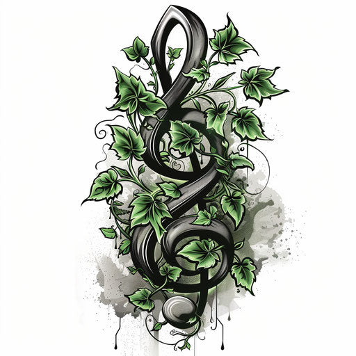 Naturalistic tattoo sketch of treble clef with climbing ivy, green & black