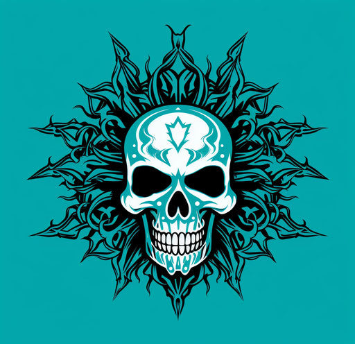 Vector of sun and heart with scorpion, skull motif, light teal and silver, auto body works, haunting visuals, devilcore, strong facial expression, bold stencil