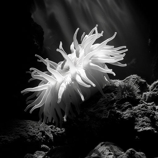 Sea anemone in high-contrast black and white photo