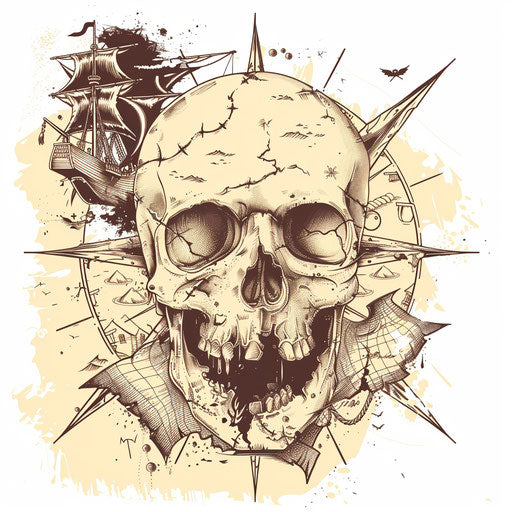 Symbolic tattoo sketch of the Jolly Roger morphing into treasure map, earth tones, mystical adventure