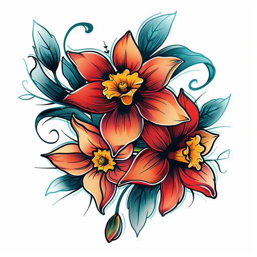 Retro 70s style floral Narcissus tattoo design