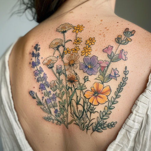 Wildflower meadow tattoo, lush, pastel colors, soft shading