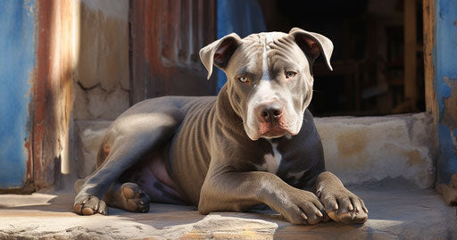 White and grey pit bull in front of house in dark blue and light beige style