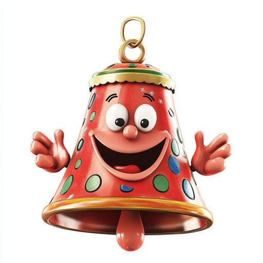 Humorous caricature of a Christmas bell with human characteristics