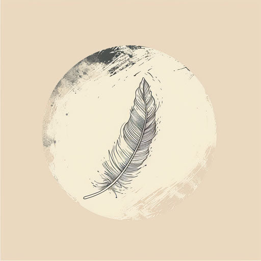 Boho round logo with a hand-drawn feather on a light beige background