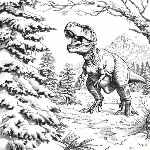A T-Rex in a snowy winter landscape in the style of Jan Brett, Coloring book page