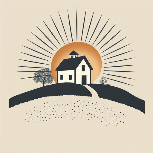 Farmhouse B&B emblem, silhouette of farm against setting sun