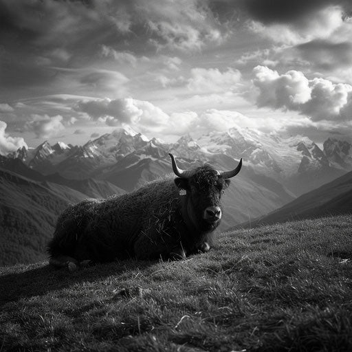 Yak resting on a grassy slope with panoramic mountain view