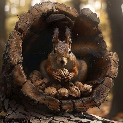 Squirrel with nut stash in hollow log