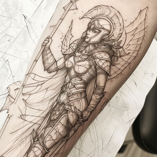 Dynamic flat tattoo sketch of Freya in battle armor wielding a spear