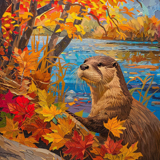 An otter among bright fall foliage by the water