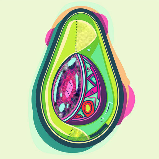 Stylized tattoo sketch of an avocado with geometric neon patterns