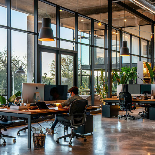 Modern open-plan office with sleek desks, ergonomic chairs, and large windows