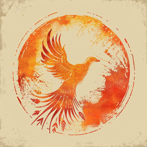 Dynamic flat tattoo sketch of Nordic runes within a fiery phoenix silhouette in bright oranges and reds