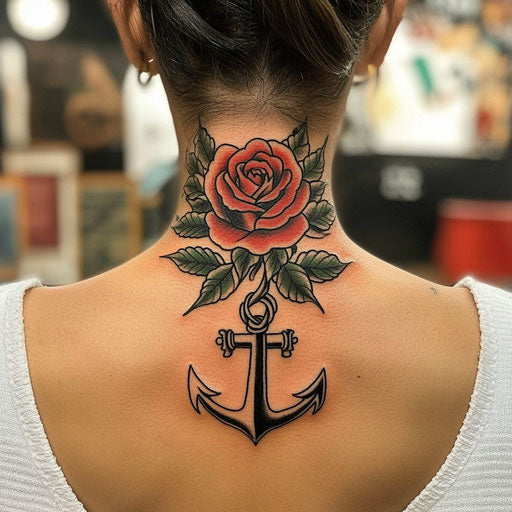 Rose neck tattoo in the style of Sailor Jerry with a rose and anchor