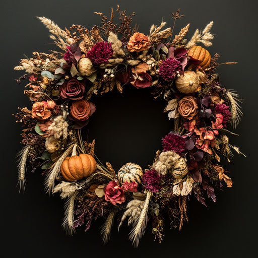 Wreath of dried flowers in deep autumnal hues