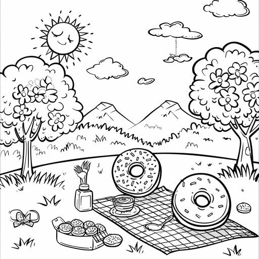 A cheerful donut enjoying a sunny day with a picnic setting