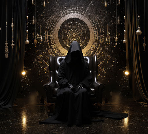 Person in black in the room, hurufiyya style, all of the above