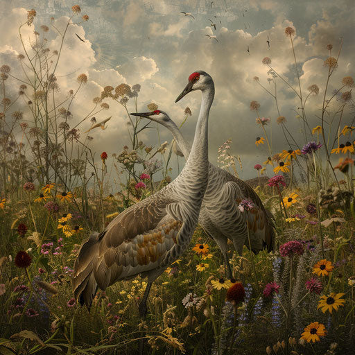 Sandhill cranes surrounded by wildflowers