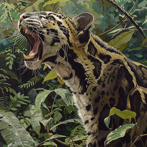 Bornean clouded leopard vocalizing in natural habitat