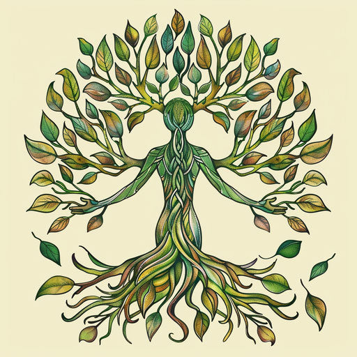 Vibrant tattoo sketch of a tree pose