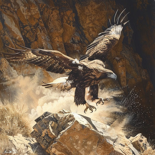 Wedge-tailed eagle landing on a rocky outcrop under the midday sun