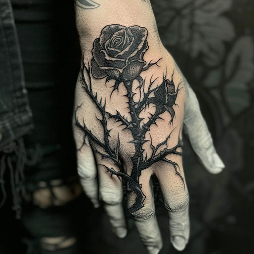 Rose hand tattoo in the style of Gerald Brom with gothic roses and thorns