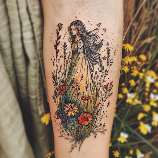 Elegant sketch of flat tattoo with watercolor effects of Freya in a field of wildflowers