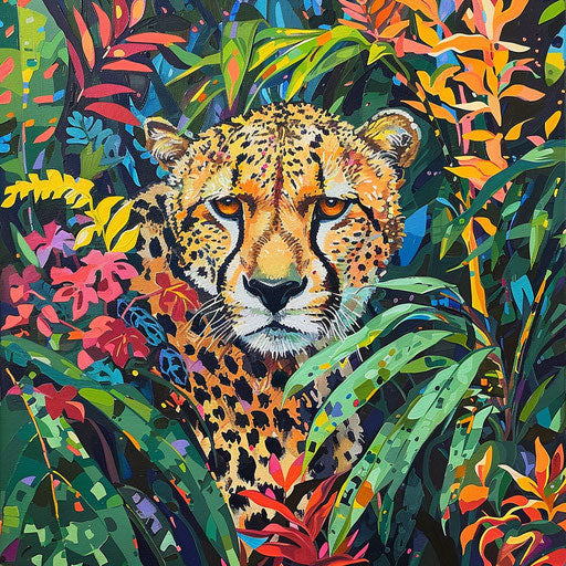 Cheetah hiding in abstract jungle painting