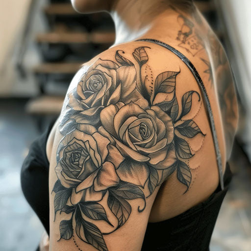 Realistic black and gray shoulder tattoo for women