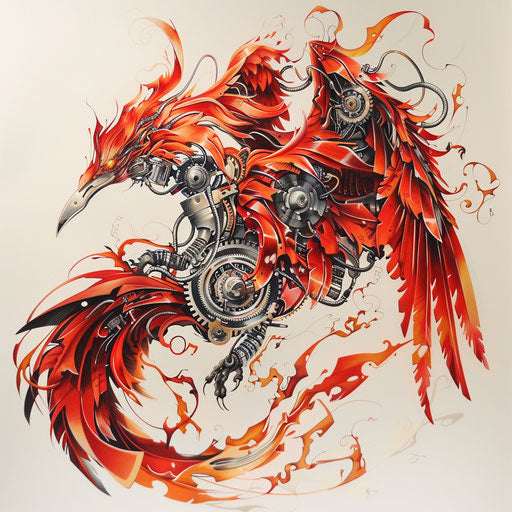 Mechanical phoenix tattoo design with flames and moving parts