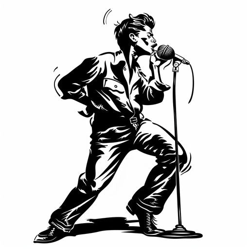 Rockabilly dancer silhouette with 50s microphone, clipart style