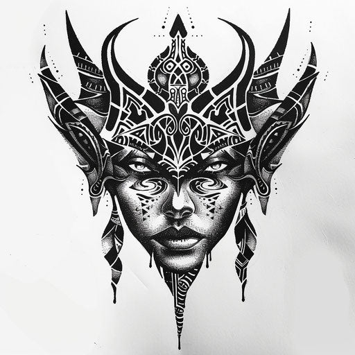 Exotic flat tattoo sketch of a soul enhanced with traditional tribal patterns