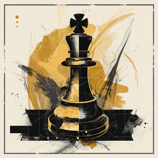 Stylized tattoo sketch of a chess piece on abstract backdrop, bold black and gold