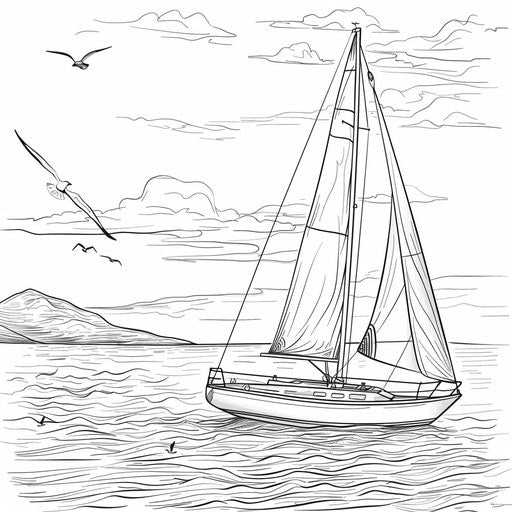 Sailboat on calm water with seagulls. Coloring page