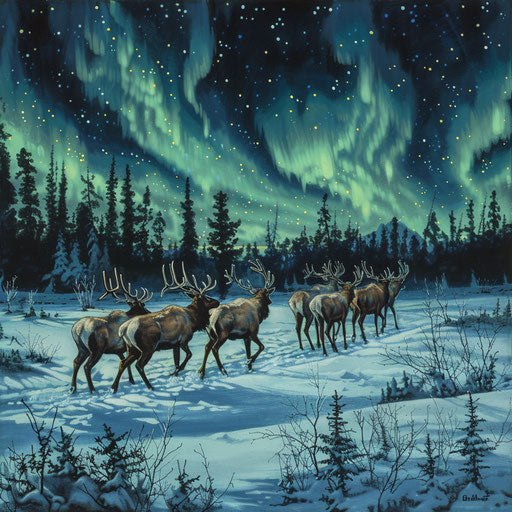 Herd of elk moving across snowy landscape under the northern lights