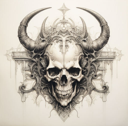 The skull with horns and crown on white paper