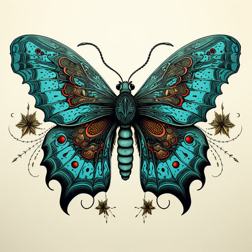 Flying moth with blue wings in detailed illustration style
