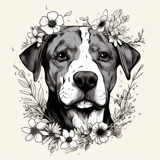 Dog with flowers: simplified line work, taxidermy, tattoo
