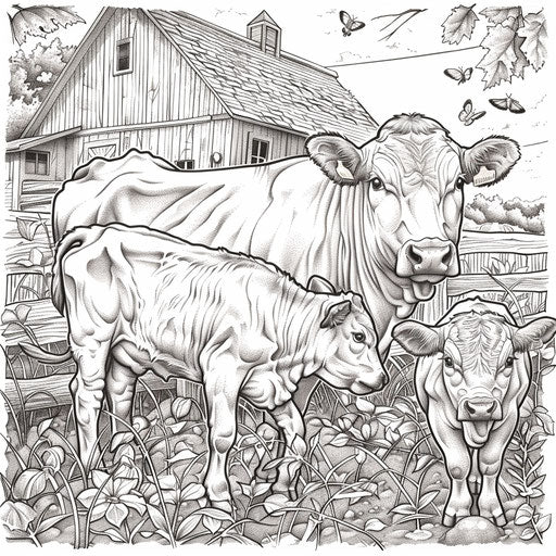 Cow family and calf in a barn. Coloring book page