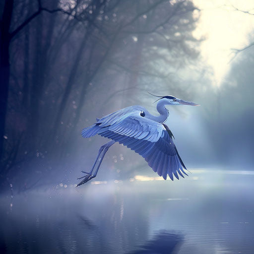 Blue heron flying over misty river