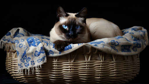 Siamese cat in a basket, soft focal points style