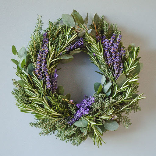 Aromatic wreath with clusters of lavender, rosemary, and eucalyptus