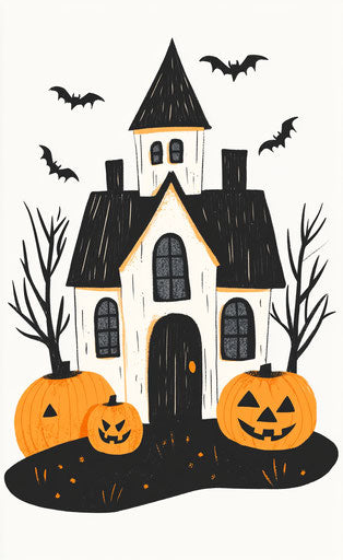 Haunted house with pumpkins, spooky design for Halloween-themed wall art. 29:47