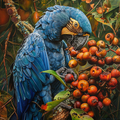 A Spix's macaw interacting with the environment by nibbling on native fruits