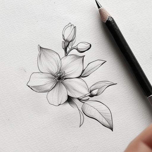 Realistic drawing of a small jasmine flower tattoo on white canvas