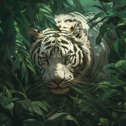 White tiger blending into dense green rainforest